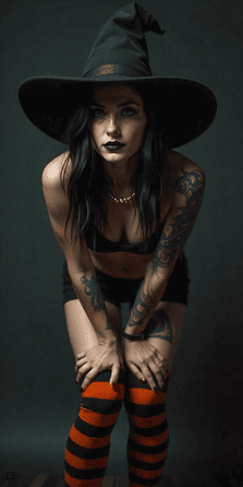 hot witch black and orange striped kneehighs! black lips